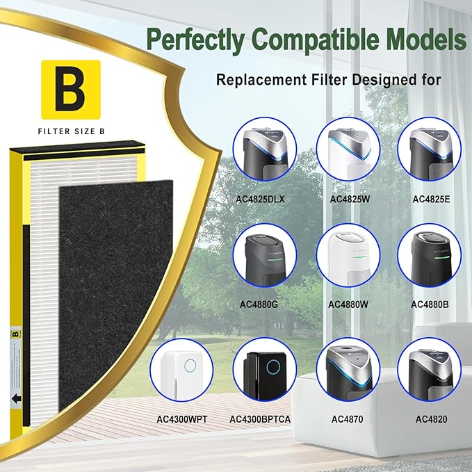 FLT4825 HEPA Filter B Replacement for GermGuardian AC4825E AC4300 AC4900 | 4 True H13 HEPA Filters + 8 Carbon Pre-Filters | 99.97% Allergen Removal, Easy Install, Multi-Room Use