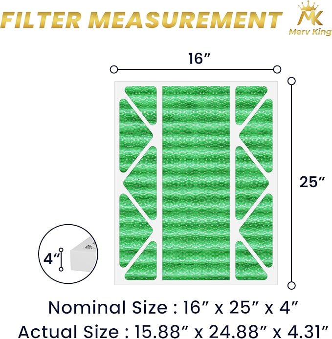 MervKing 16x25x4 Air Filter Actual Size: 15.88" x 24.88" x 4.31" MERV 13 MPR 1500-1900 | MADE IN USA | 6-Pack | Pleated HVAC AC Furnace Replacement