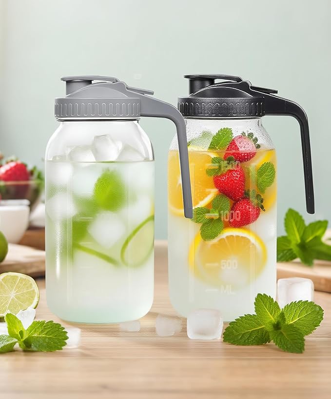 64oz Large Glass Pitcher with Lid & Spout,2 Quart Breastmilk Pitcher Upgraded Leak Proof, for Sun Tea, Iced Juice, Cold Brew Coffee, Breastmilk Storage Container-4PACK(Black+Gray+Pink+Green)