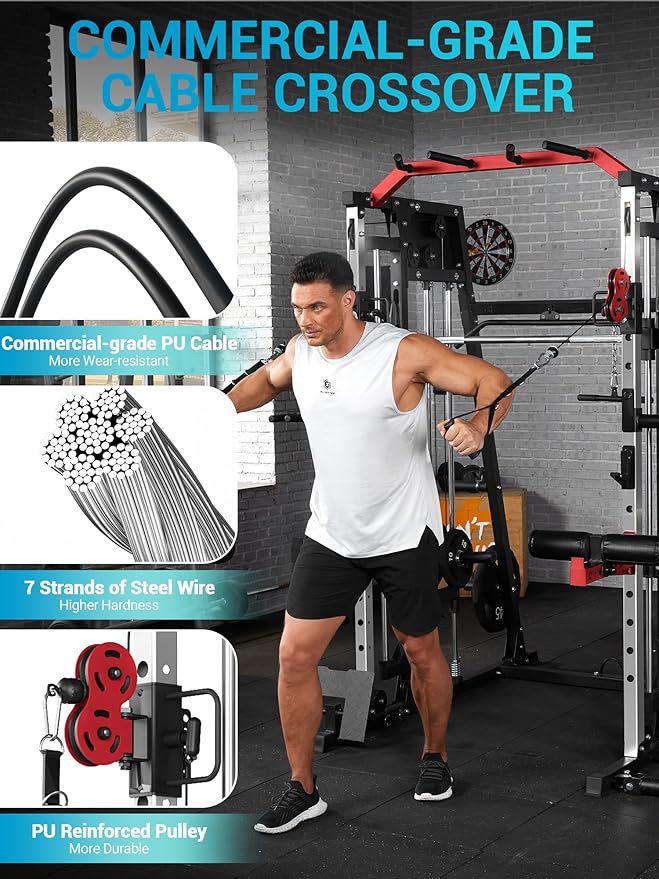 Smith Machine, Power Cage Squat Rack with Cable Crossover, Dual Pulley System, Pull-Up Bar, Home Gym Workout Equipment with Attachments for Strength Training and Weightlifting-FlexoryFit