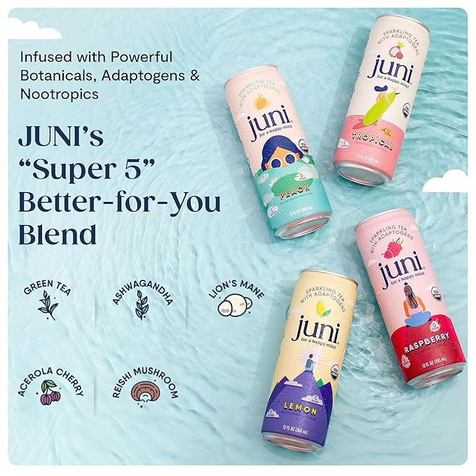 Juni Sparkling Adaptogen Drink with Ashwagandha, Lion’s Mane & Reishi Mushrooms | Green Tea for Focus, Zero Sugar, 5 Calories, Organic | Non Alcoholic Drinks - Raspberry 12 pack-FlexoryFit