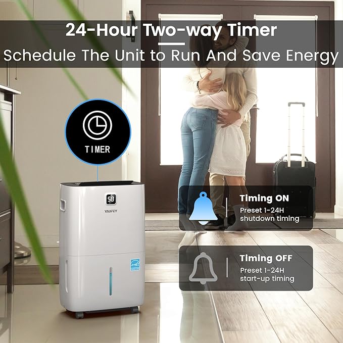 Yaufey 150 Pints Energy Star Dehumidifier with Pump for Home, Basement and Large Room up to 7000 Sq. Ft., With Drain Hose, Timer, Intelligent Humidity Control and Large Water Tank
