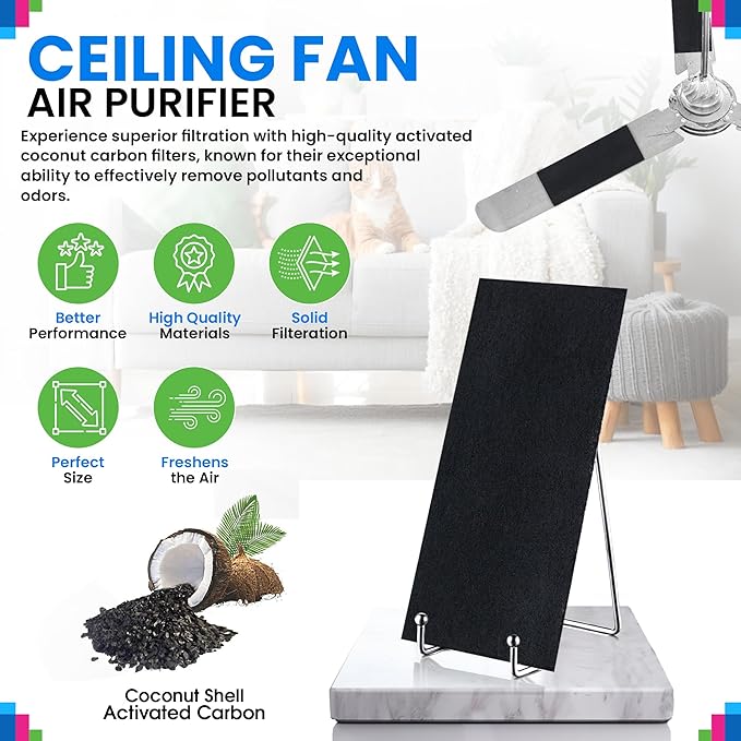 Ceiling Fan Filters for Blades - Coconut Shell Activated Carbon Unscented Dust Catcher Ceiling Fan Filter - Easy Peel & Stick on Fans - Blade Air Purifier Pads Absorbs Odors & Freshens the Air (5-Pcs)