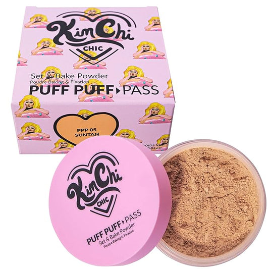 Kimchi Chic Beauty Puff Puff Pass Set and Bake Setting Powder for Makeup, Extra Fluffy Loose Face Powder Poof, Soft Natural Face Makeup for Uneven Skin Tone, 05 Suntan-FlexoryFit