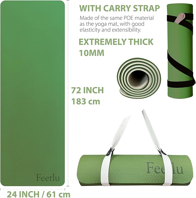 Extra Thick Exercise Yoga Mat with Strap - 2/5 Inch (10MM), Non-Slip Workout Mat for Yoga, Pilates, and Floor Exercises-FlexoryFit