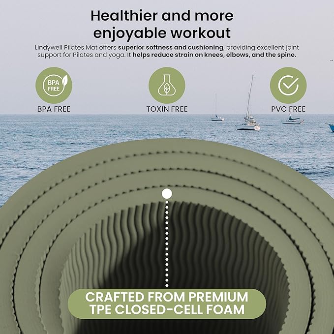 Lindywell Pilates Yoga Workout Mat Non Slip 6mm, 8mm, 10mm Thick - 6ft x 26in-FlexoryFit