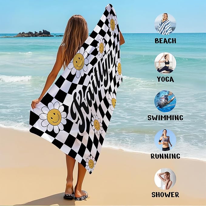 JML Personalized Beach Towel with Name, Custom Flower Beach Towel, Customized Microfiber Pool Towel, Quick Dry & Absorbent Swim Towel for Adult,Mother's Day, Birthday, Summer Holiday,Vacation-FlexoryFit