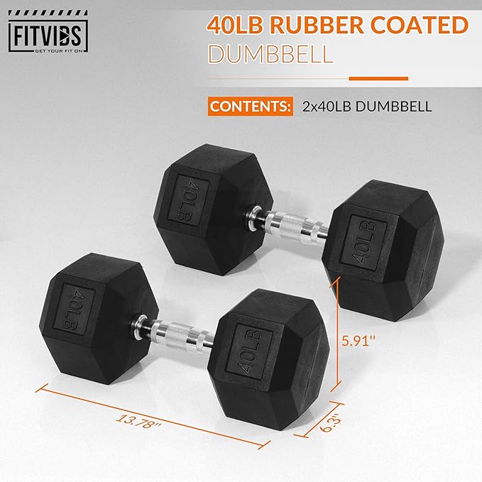 Rubber Encased Hex Dumbbell, Hand Weights with Anti-Slip Cast Iron Grip for Exercise & Fitness, Weights Dumbbells Set of 2 for Strength Training, 5-50 LBS Pair-FlexoryFit
