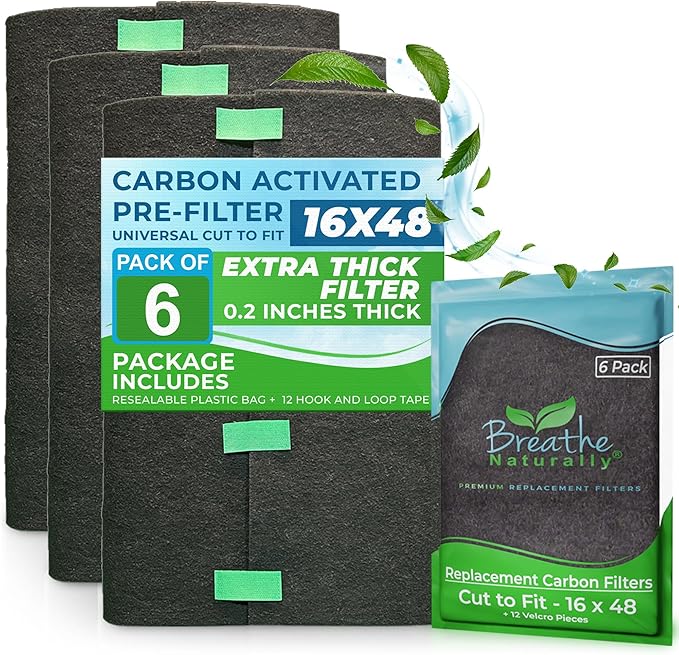 Breathe Naturally Universal Cut To Fit Carbon Activated Air Filter - Replacement Charcoal Filters - Pre Filter Carbon Sheet for Air Purifier, Vent Filters & More - Made in USA (Pack of 6, 16x48)