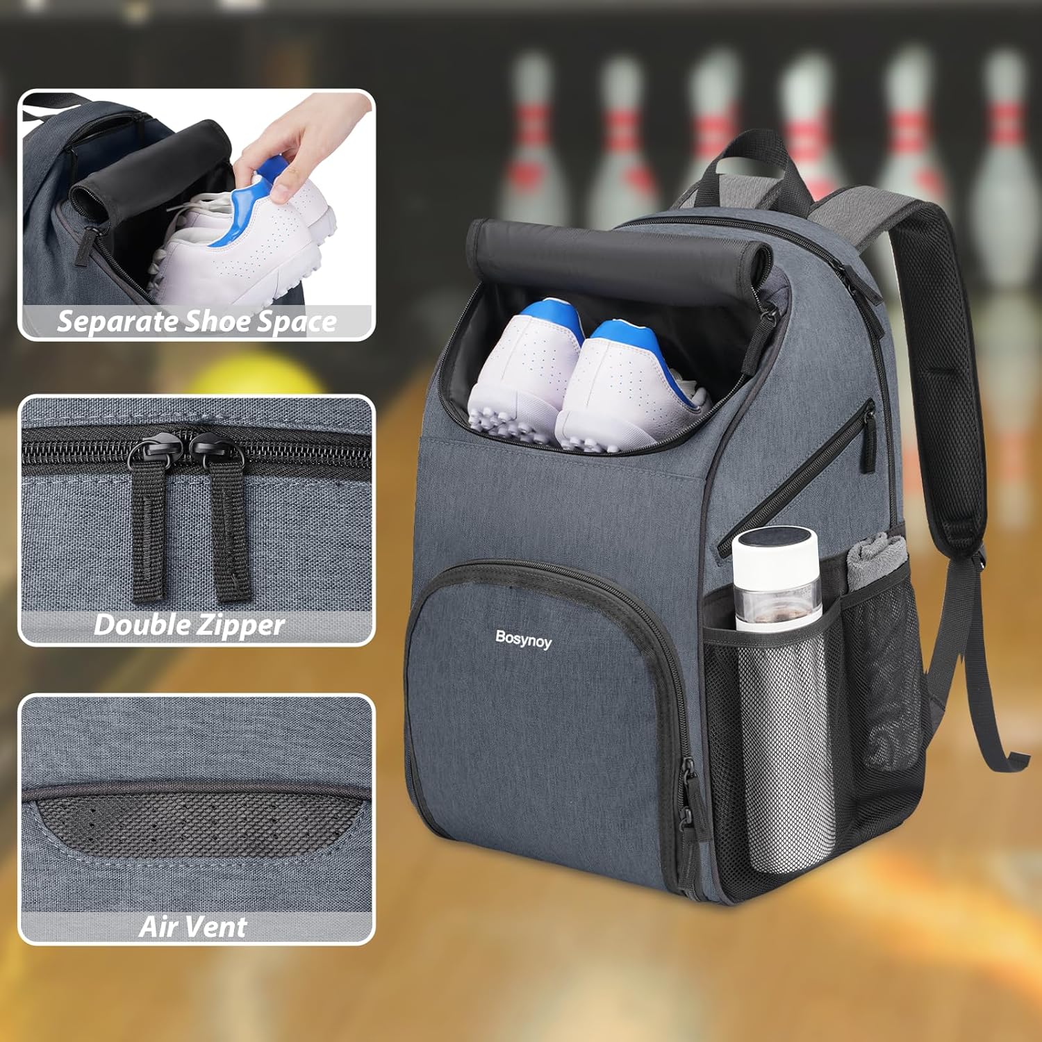 Bosynoy Bowling Backpack, Bowling Ball Bag Totes for Single Ball with Shoe Compartment & Foam Padded, Fits Shoes Up to US Mens Size 16, Grey