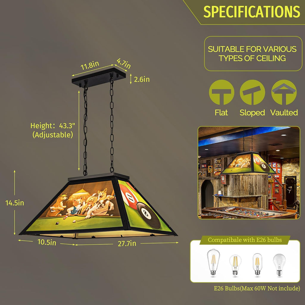 Wellmet Tiffany Pool Table Light, Dogs Playing Billiards Lights for 7' 8' Pool Table, 2 Lights Billiard Fixture Hanging Pendant Lamp for Snooker Table, Cabin, Game Room, Men's Cave, Dining Room