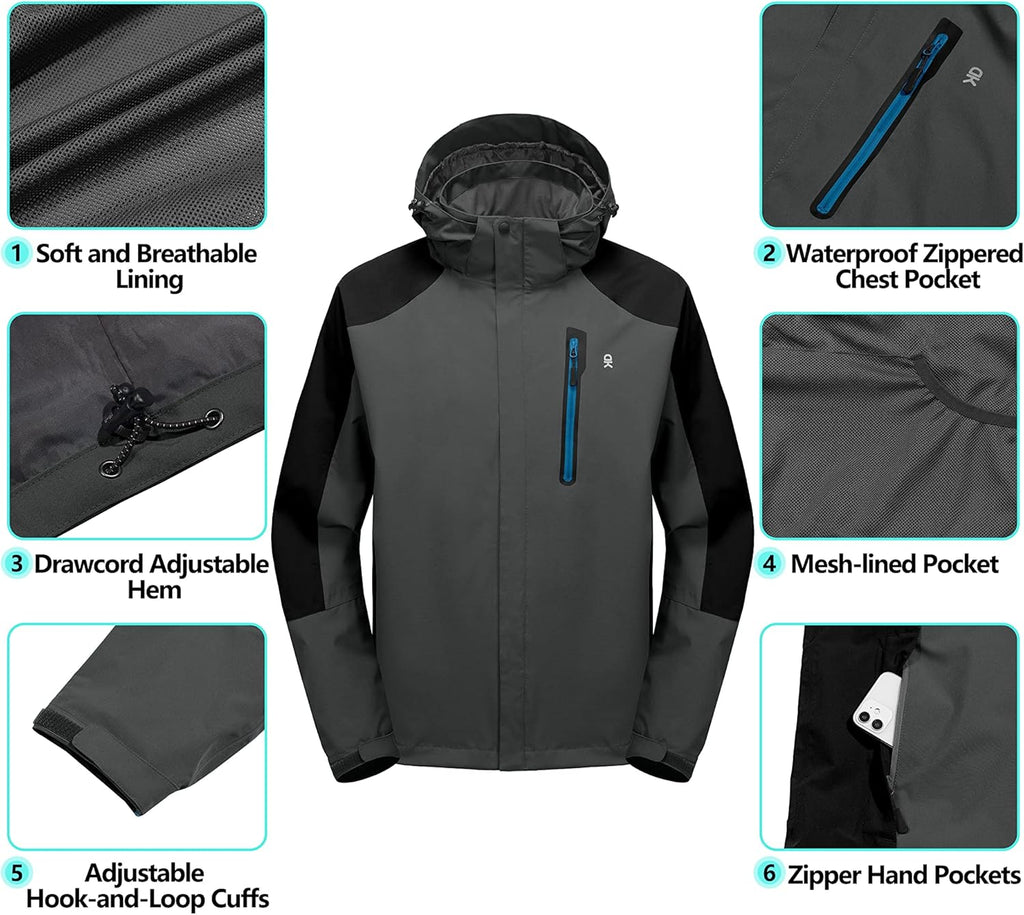 Little Donkey Andy Men's Waterproof Rain Jacket Outdoor Lightweight Hooded Raincoat for Hiking Golf Travel Fishing