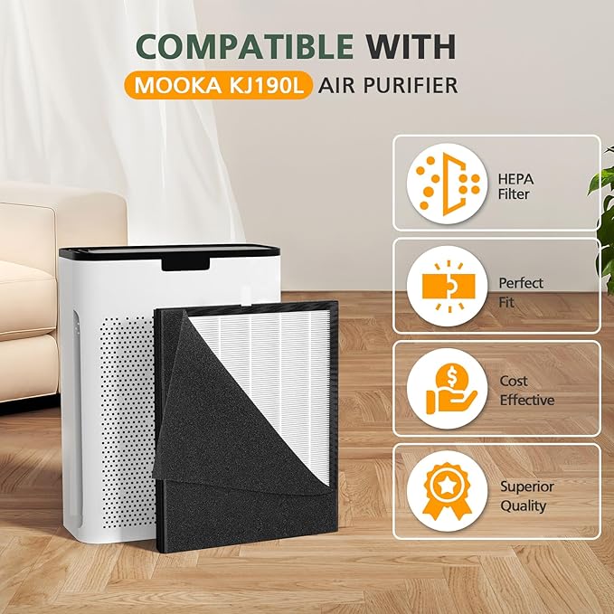 3 Pack KJ190L Filter Replacement for MOOKA KJ190L Air Puri-fier for Home Large Room 2200 Ft², 3 Stage Filtration for Smoke Dust Pollen Pets Hair Dander Odor, 3 HEPA Filters and 6 Washable Pre-Filters