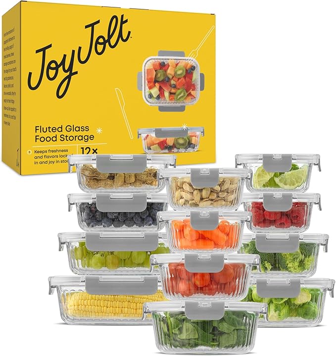 JoyJolt 24pc Borosilicate Glass Storage Containers with Lids | 12 Airtight/Freezer Safe Food Storage Containers for Pantry and Kitchen | Meal Prep Container for Lunch | Glass Tupperware Set-FlexoryFit