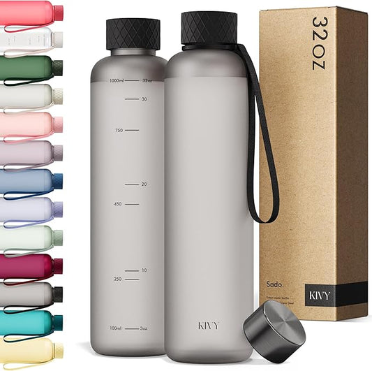 KIVY Slim Water Bottle 32oz [Lightweight & Shatterproof] Fits Backpack & Cupholder for Travel, Sports, School, Gym - Black water bottle no straw - Mens water bottle screw top - Dishwasher Safe-FlexoryFit
