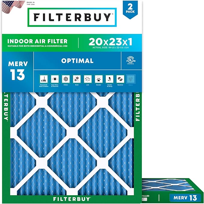 Filterbuy 20x23x1 Air Filter MERV 13 (MPR 1900) Health Defense Replacement (2-Pack), Electrostatic Pleated HVAC AC Furnace Filters, Made in USA (Actual Size: 19.50 x 22.50 x 0.75)