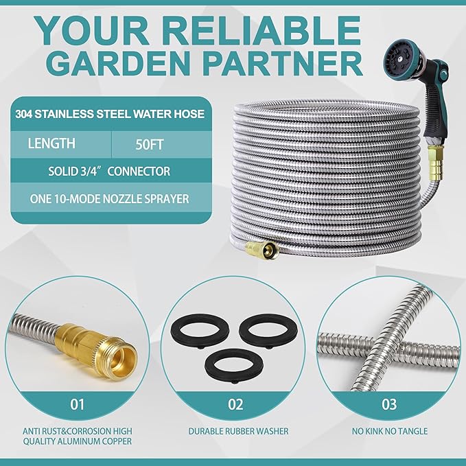 50FT 5/8'' Garden Hose, 304 Stainless Steel Water Hose, Flexible with a 10-Mode Nozzle Sprayer, No Kink, Lightweight, Puncture Proof Metal Hose, Ideal for Yard, Lawn, Outdoor