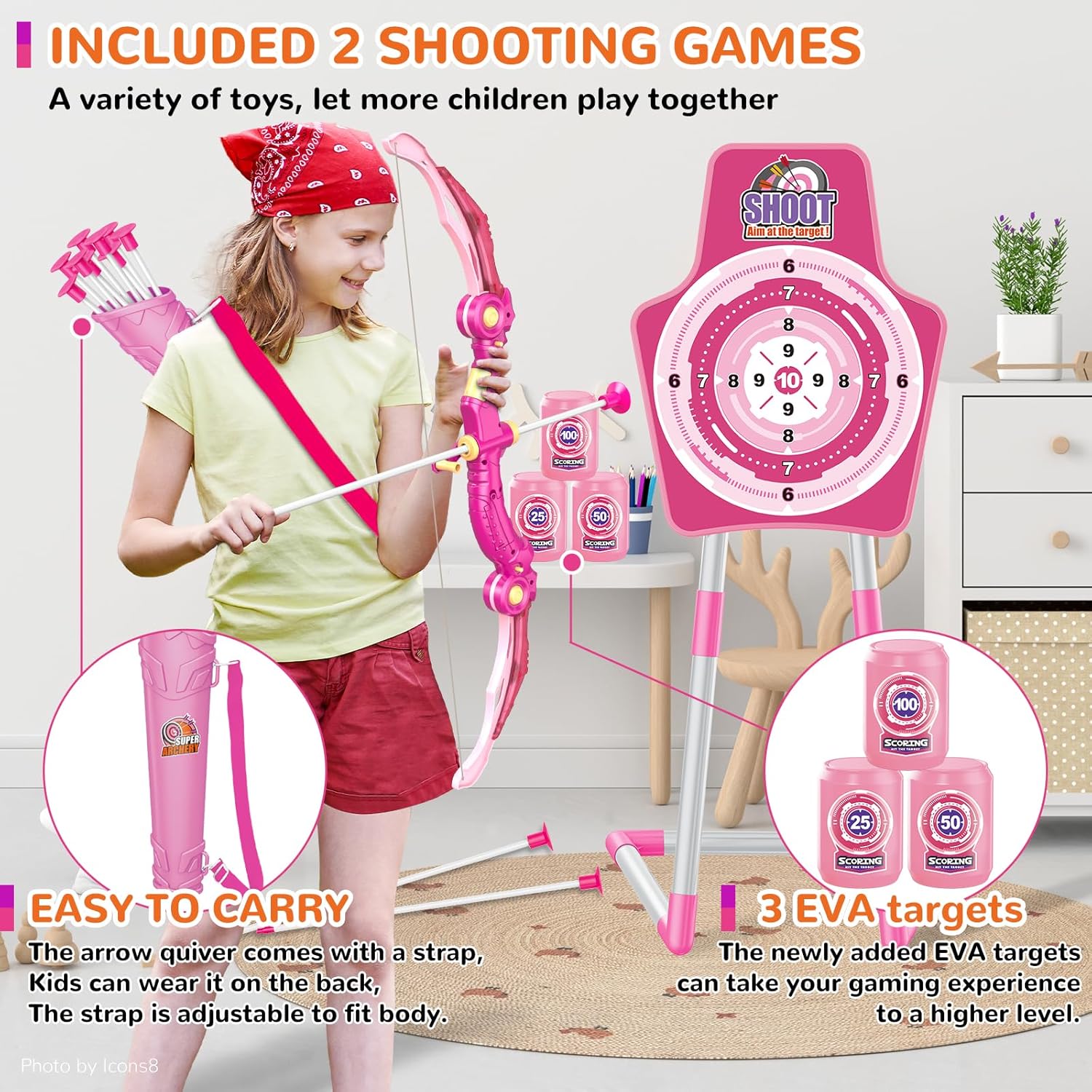 GMAOPHY Bow and Arrow Toys with LED Flash Lights, Birthday Gift for Girls 4 5 6 7 8 9 10 Year Old, Archery Set Indoor Outdoor Activity with 20 Suction Cup Arrows, 2 Targets & Quiver, Kids Sport Toys