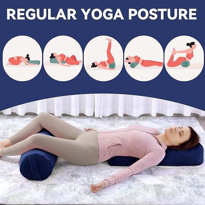 ROYALAY 2 Pcs Yoga Bolster Pillow for Restorative Yoga, Rectangular and Cylinder Meditation Pillow Set with Carrying Handles, Supportive Cushion for Exercise Workout Stretching Meditation,Dark Blue-FlexoryFit