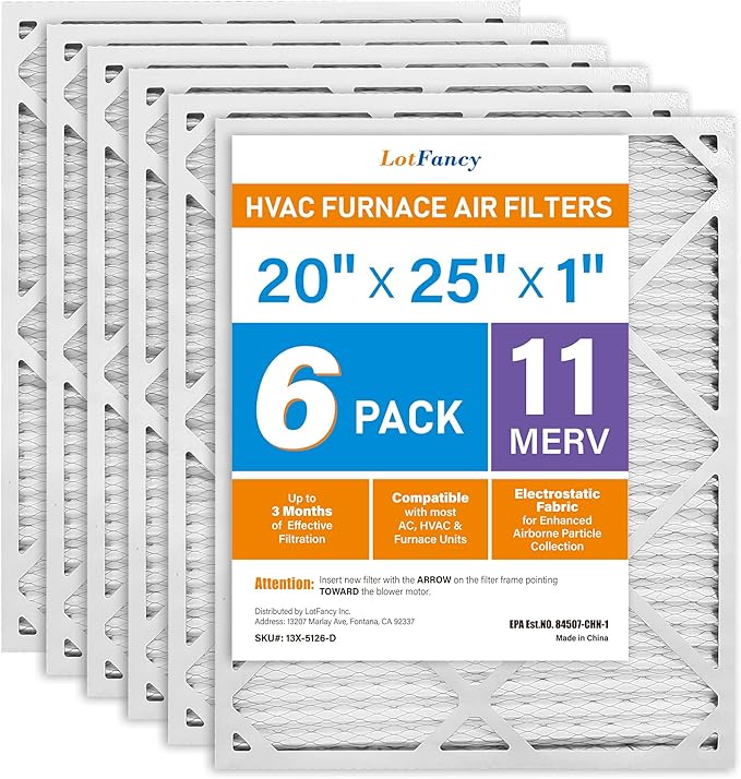 LotFancy 20x25x1 Air Filter MERV 11 Pet Smoke Allergens Defense (6-Pack) Pleated HVAC Furnace Air Filters, Replacement for Home AC & Heating Systems, Actual Size: 19.75" x 24.75" x 0.75"