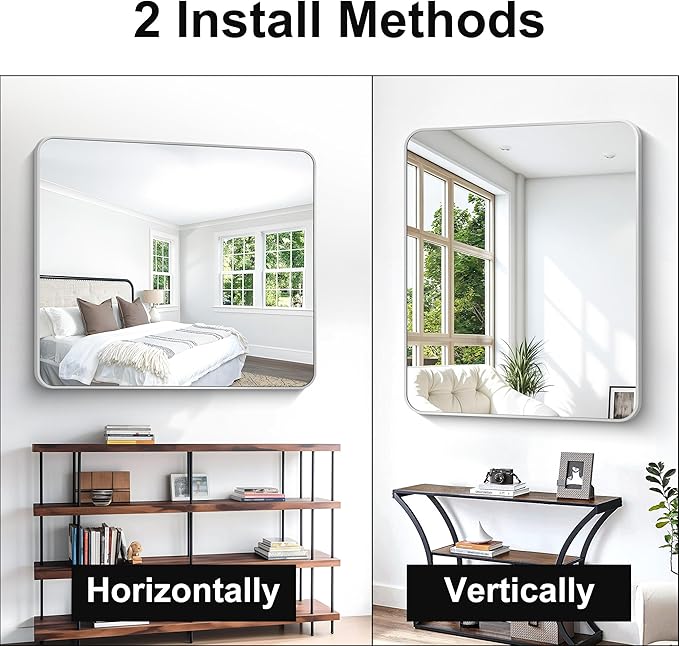 Silver Bathroom Mirror,40x48 inch Wall Mirror for Bathroom Wall Mounted,Rectangle Mirror for Bathroom Over Sink,Modern Frame Round Corner for Living Room,Bedroom Entryway,Horizontal/Vertical