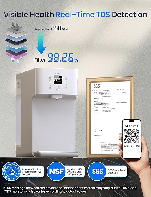 CF01 Reverse Osmosis Countertop Water Filter, 8 Stage Nano RO Water Filtration System, Home Water Purifier, 4:1 Pure to Drain Ratio, No Installation Required, White