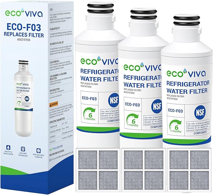 Ecoviva LT1000P Replacement Water Filter, NSF/ANSI 42, Compatible with LT1000P MDJ64844601 9980 LT1000PC ADQ74793501 LT1000 LMXS28626S LFXS26973S Refrigerator Water and LT120F Air Filter 3 Pack