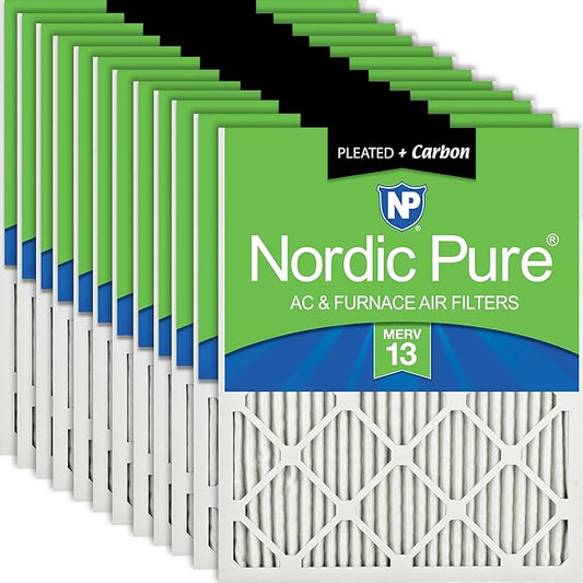 Nordic Pure 12x12x1 (11 3/4 x 11 3/4 x 3/4) Pleated Air Filters MERV 13 Plus Carbon 12 Pack