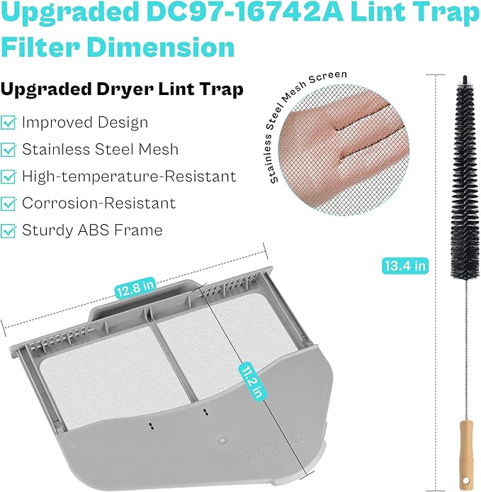 Upgraded DC97-16742A Lint Trap Filter fit for Samsung Dryer with Stainless Steel Screen DC61-03048A DC61-02610A DV45H7000EW DV40J3000GW DV48H7400EW with Dryer Lint Brush Vent Cleaner by prime&swift