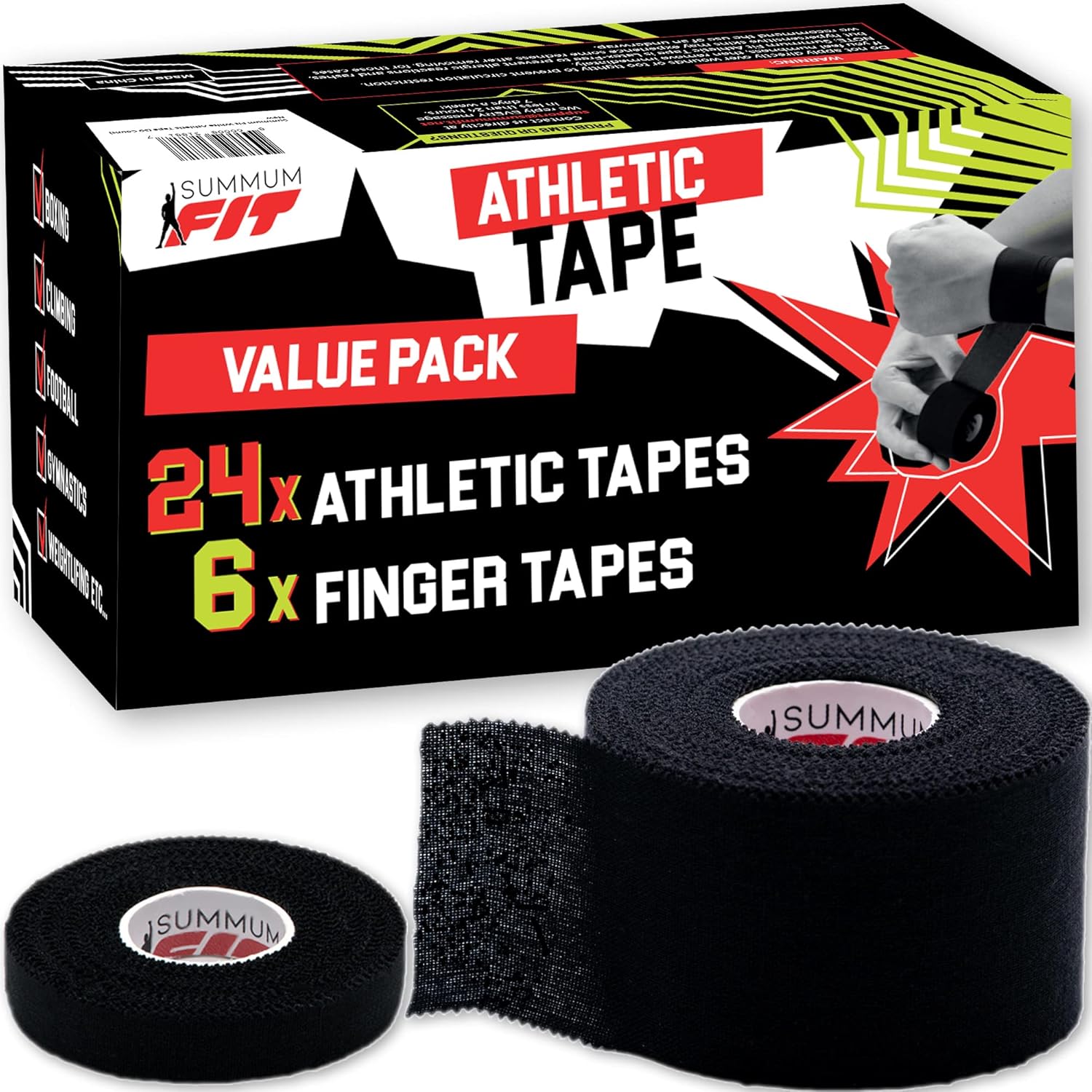 Black Athletic Tape Extremely Strong: 24 Rolls + 6 Finger Roll. Easy to Apply & No Residue. Sports Tape Athletic for Boxing Football Climbing or Gymnastics for Wrist Ankle & Hand Protection