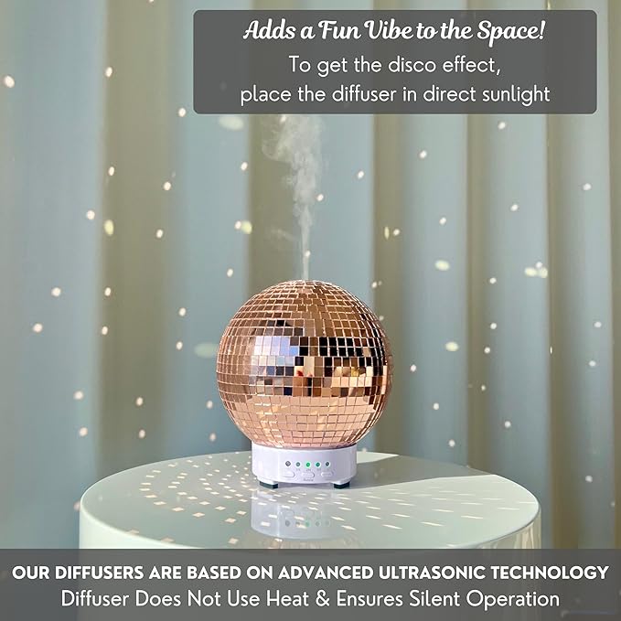 Disco Ball Diffuser Rotating - Aroma Diffuser Essential Oils, Cute Room Diffuser, Disco Ball Party Decorations, Disco Ball Decorations, Disco Ball Light | Fragrance Diffuser for Medium Room Rose Gold