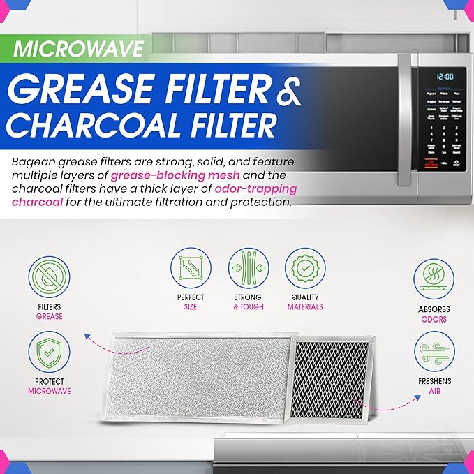 Bagean Grease Microwave Vent Filter W10208631A and Charcoal 8206230A Whirlpool Microwave Filter Replacement Combo Pack - Aluminum Mesh and Carbon Filters Refresh The Kitchen Stove Oven Air (2-Sets)