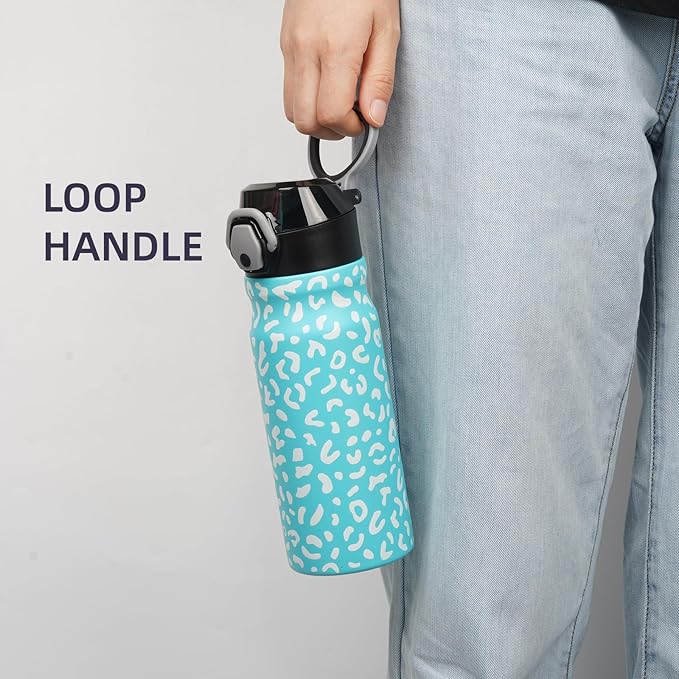 Insulated Water Bottle with Straw and Carry Loop,18 oz Stainless Steel Double Wall Vaccum Metal Water Flask with Leak-proof Lid,Blue Leopard-FlexoryFit