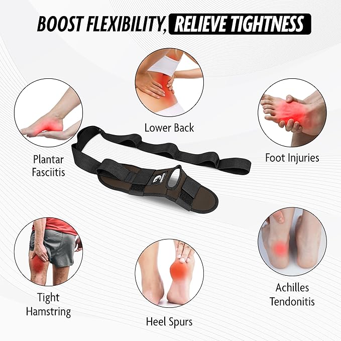 DMoose Fitness Foot & Calf Stretcher with Adjustable Padded Stretching Strap for Plantar Fasciitis, Hamstring, Heel Spurs and Achilles Tendonitis Relief - Yoga Leg Stretch Strap for Flexibility-FlexoryFit