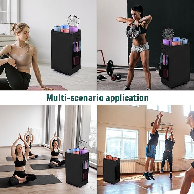 Yoga Mat Storage Racks, Home Gym Storage Rack with Wheels, Yoga Mat Holder Side 2 Mesh Pockets, Yoga Storage Basket Holds 4 Yoga Mats, 2 Foam Rollers, 6 Resistance Bands-FlexoryFit