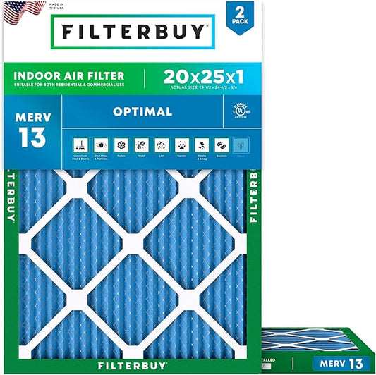 Filterbuy 20x25x1 Air Filter MERV 13 (MPR 1900) Health Defense Replacement (2-Pack), Electrostatic Pleated HVAC AC Furnace Filters, Made in USA (Actual Size: 19.50 x 24.50 x 0.75)