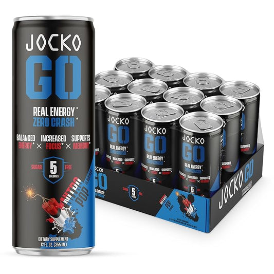 Jocko GO Energy Drink - Keto, Vitamin B12, Vitamin B6, Electrolytes, L Theanine, Magnesium- Energy Boost, Sugar Free Nootropic Monk Fruit Blend - 12 Pack (Nitro Pop)-FlexoryFit
