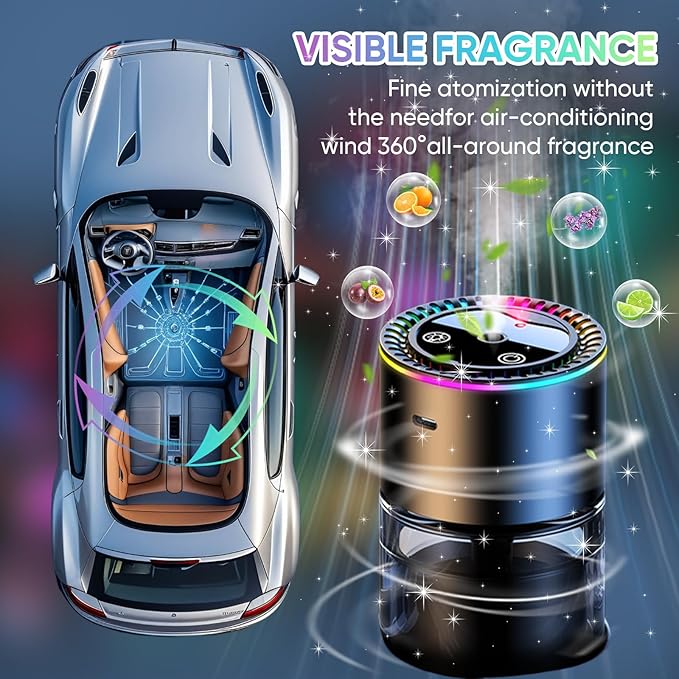 Smart Car Air Freshener Diffuser 180ML Large Capacity, 270-Day Essential Oil Rechargeable Auto On/Off with 7-Color Light & Star Projection for Home Office,Ocean Scent