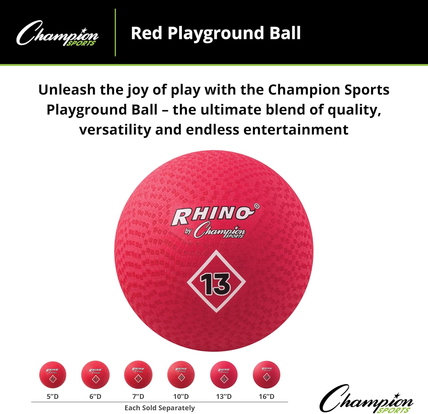 Champion Sports Playground Ball – High-Bounce 2-Ply Construction, Durable Red Ball for Throwing, Catching & Kicking - Multiple Sizes (5", 6", 7", 10", 13", 16")