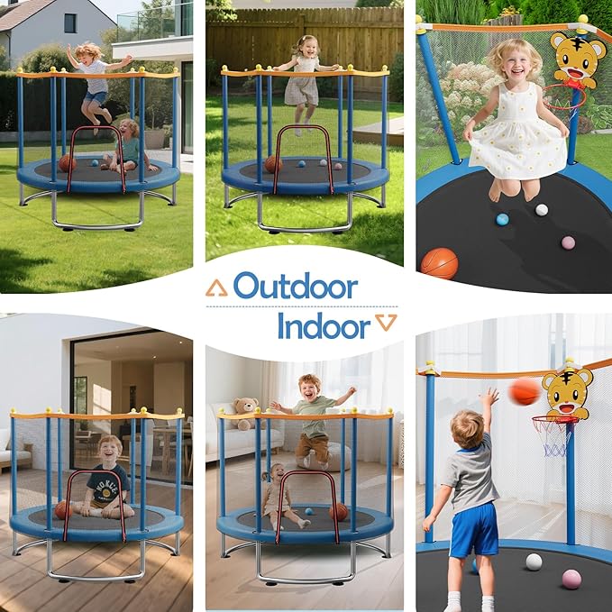 Kids Trampoline with Safety Net – 440lbs Capacity, Upgraded Rust-Proof Ring Legs, Adjustable Gymnastics Bar & Toys – Indoor Outdoor Toddler Trampoline for Boys & Girls Ages 1-8-FlexoryFit