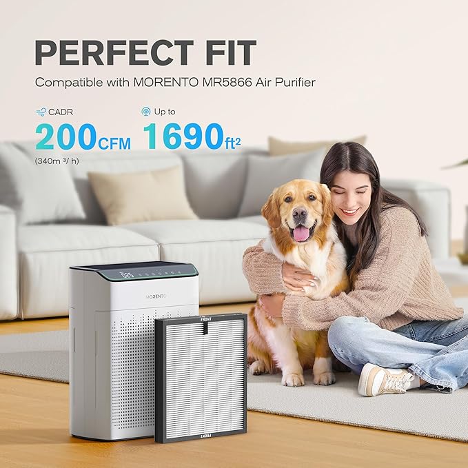 MORENTO Genuine Air Purifier Replacement Filter, True HEPA Filter Compatible with MR5866 for 99.97% Air Pollutants, Odor and Smoke, Enhanced Version Light Grey 2 Pack