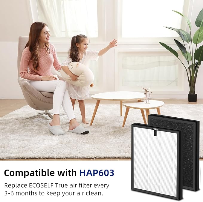 2 Pack HAP603 Replacement Filter Compatible with ECOSELF HAP603 Air Purifier, 3-in-1 Filtration of Filter, Activated Carbon Filter & Pre-filter for Home Large Room Up to 1295 Ft², White