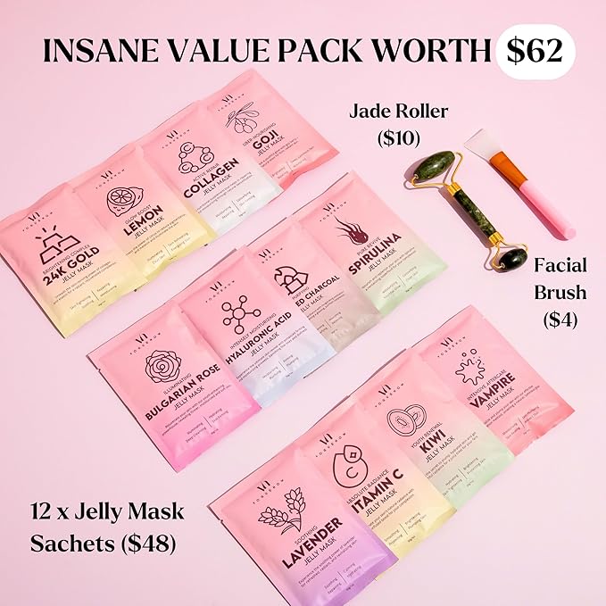 Jelly Mask for Facials - 12 Flavors Hydrating & Brightening Jelly Face Masks | Free Jade Roller & Spatula | Bulgarian Rose, Lavender, Hyaluronic Acid, 24K Gold face mask skin care |Vajacial Jelly Mask-FlexoryFit