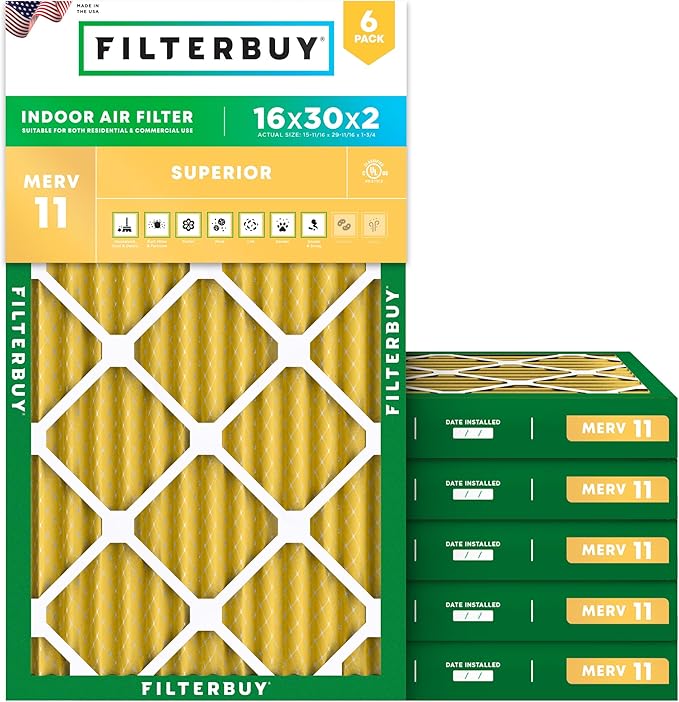 Filterbuy 16x30x2 Air Filter MERV 11 (MPR 1200) Allergen Defense Replacement (6-Pack), Electrostatic Pleated HVAC AC Furnace Filters, Made in USA (Actual Size: 15.69 x 29.69 x 1.75)