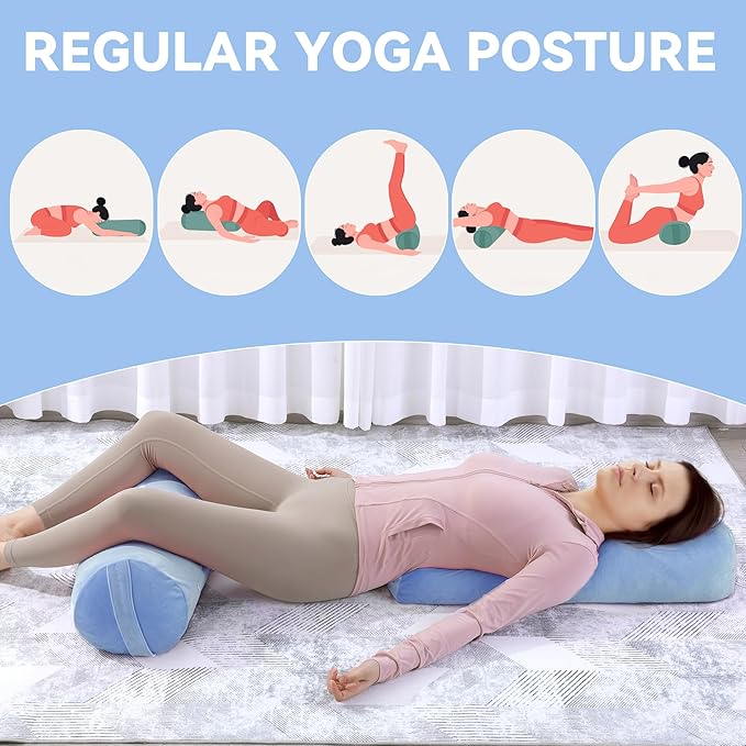 ROYALAY 2 Pcs Yoga Bolster Pillow for Restorative Yoga, Rectangular and Cylinder Meditation Pillow Set with Carrying Handles, Supportive Cushion for Exercise Workout Stretching Meditation,Sky Blue-FlexoryFit