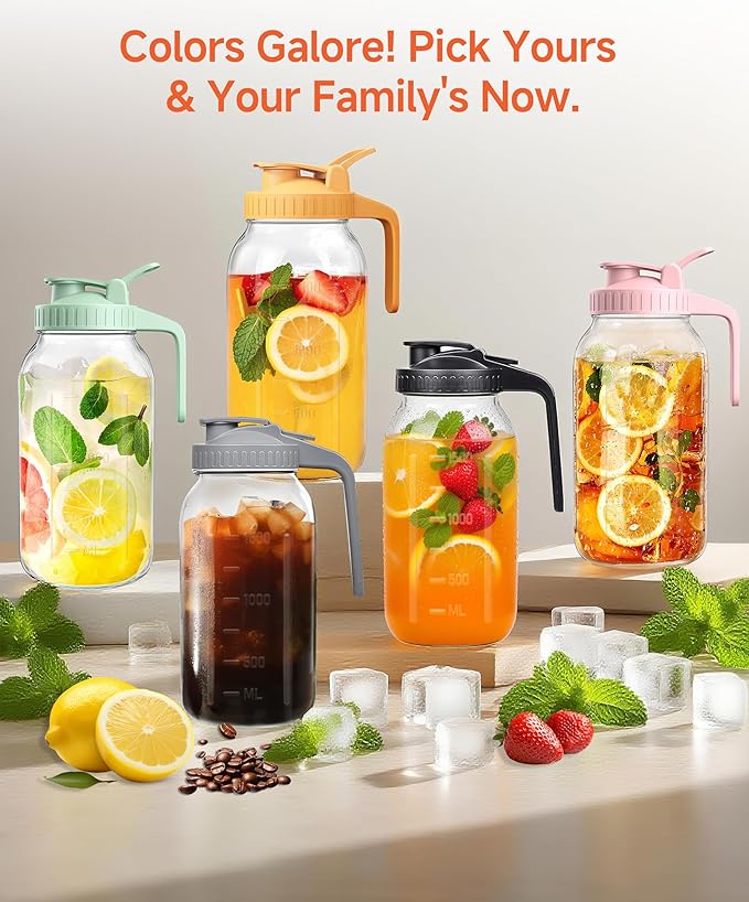 64oz Large Mason Jar Pitcher with Lid,2 Quart Airtight Glass Tea Pitchers for Fridge, Leak-Proof Coffee Dispenser,Heavy Duty Water Container for Cold Brew Juice,Breastmilk Storage-(Black+Green+Yellow)