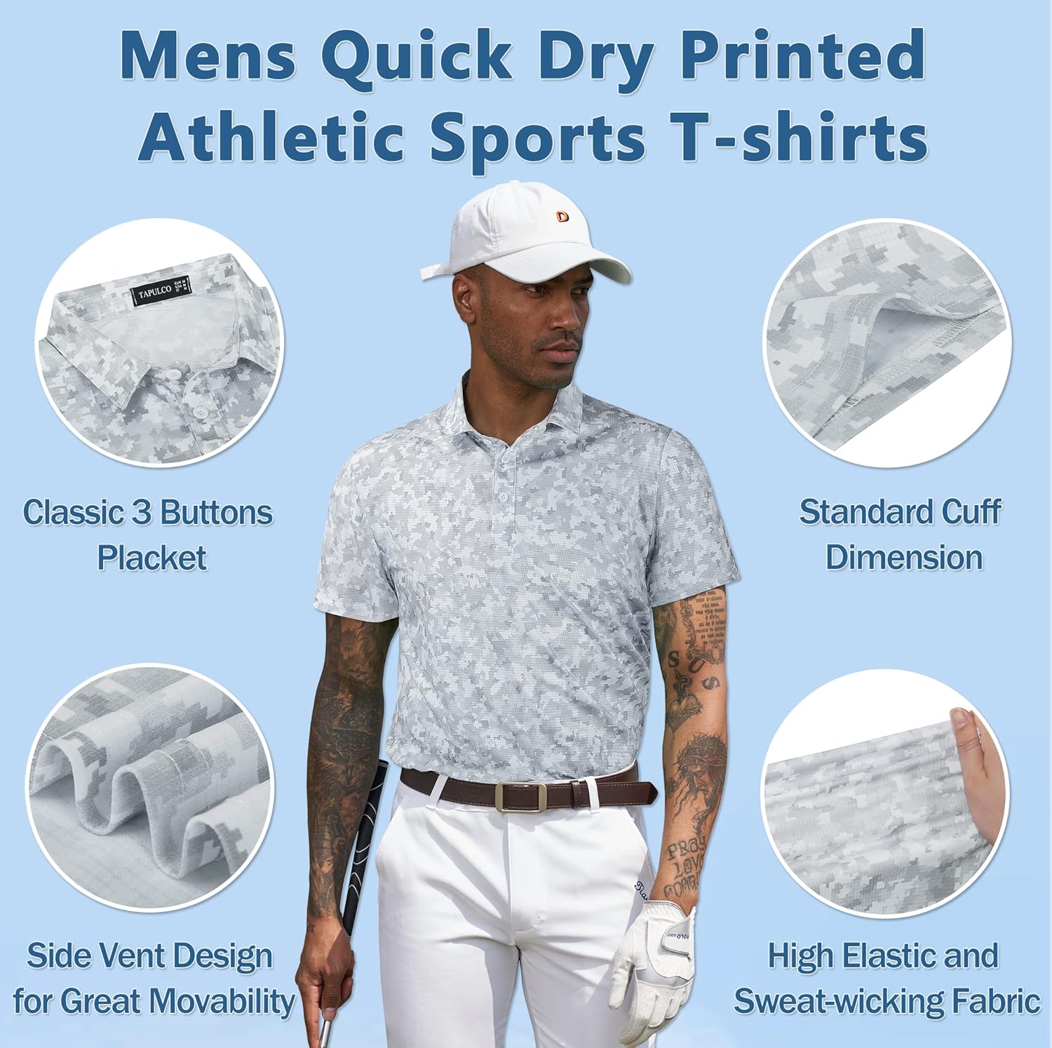 TAPULCO Mens Quick Dry Polo Shirts Camouflage Pattern Performance Athletic Lightweight Breathable Casual Golf Tshirts