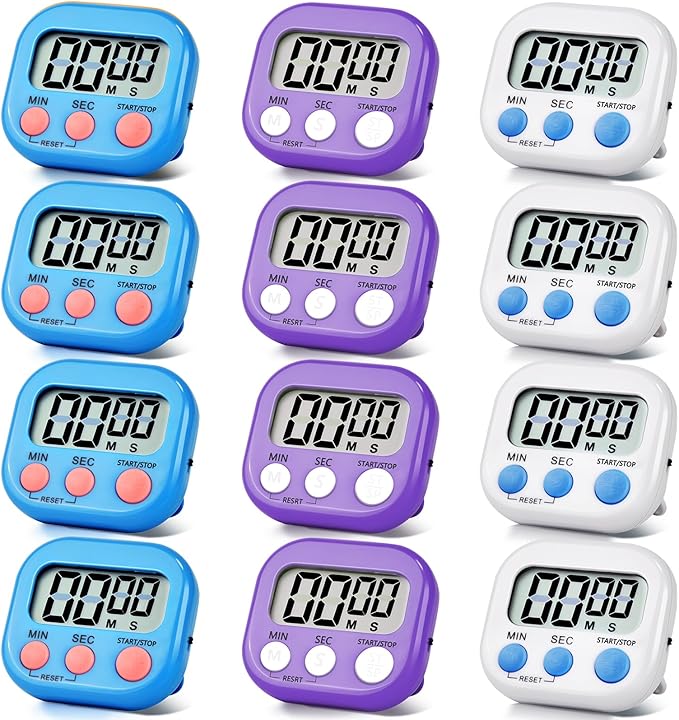 12 Pack Digital Kitchen Timer Magnetic Digital Timer with Big Display Loud Ring Cooking Timers for Kitchen Electronic Timer for Cooking, Bathing, Gym, Break Time, Classroom(12,White,Blue,Purple)-FlexoryFit