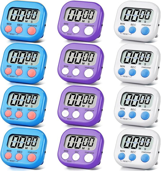 12 Pack Digital Kitchen Timer Magnetic Digital Timer with Big Display Loud Ring Cooking Timers for Kitchen Electronic Timer for Cooking, Bathing, Gym, Break Time, Classroom(12,White,Blue,Purple)-FlexoryFit
