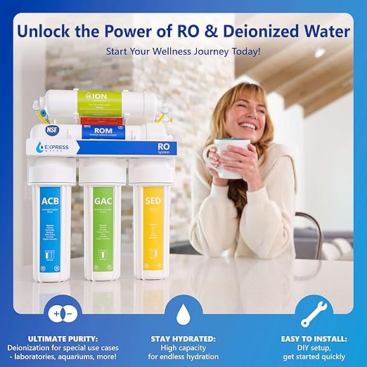 Express Water RODI10D Reverse Osmosis Deionization Water Filtration System – 6 Stage RO Water Filter with Faucet and Tank – Under Sink Water Filter – 100 GPD